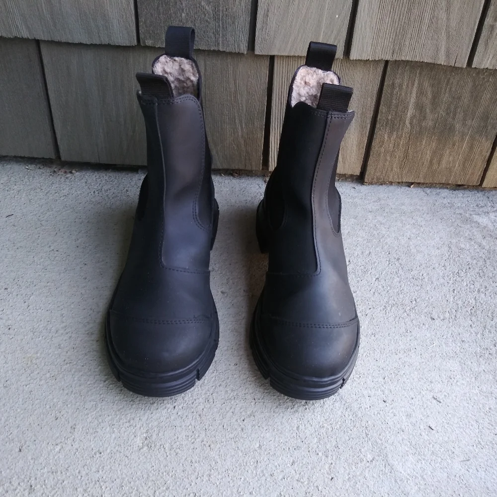 Ganni Black Lug Sole Chunky Heel Rubber Rain Ankle Boots Shoes Size 38 - Picture 3 of 10